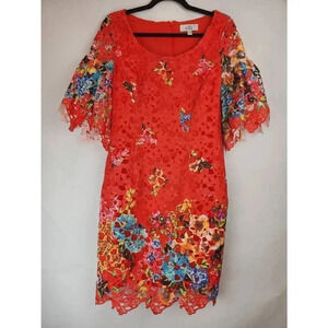 Bella Badgley Mischka Cynthia Red Floral Knee Length Dress Womens Size 4.